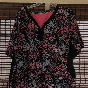 Healing Hands Pink and Black Floral Scrub Top
